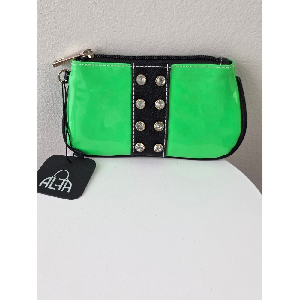 ALFA BAG Neon Green Rhinestone Studded Patent PU Leather Pouch NC461 GRN